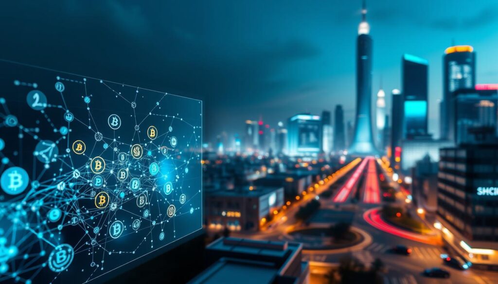 Cryptocurrency forecasting trends, a dynamic landscape of digital assets and predictive analytics. In the foreground, a holographic display showcases a variety of cryptocurrency symbols, pulsing and fluctuating in real-time. In the middle ground, a network of interconnected nodes and lines visualizes the complex algorithms and machine learning models that power these forecasting systems. The background features a sleek, futuristic cityscape, with towering skyscrapers and neon-lit streets, reflecting the technological advancements shaping the world of finance. Soft, ambient lighting sets the mood, conveying a sense of innovation and discovery. The image should capture the essence of the section, "Introduction to Cryptocurrency Forecasting Trends," highlighting the intersection of cutting-edge technology and the ever-evolving world of digital currencies.