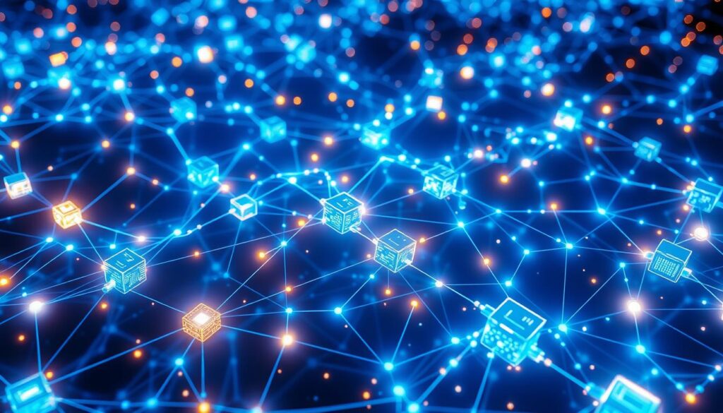 Cryptocurrency transaction blockchain: a digital ledger of encrypted transactions, visualized as a complex network of interconnected blocks. Glowing nodes represent individual transactions, pulsing with energy as they are validated and recorded. Twisting pathways wind through the scene, echoing the intricate flow of data. Ethereal blue hues cast an ominous glow, hinting at the potential for exploitation. Sharp lines and angular forms convey the technical precision of this decentralized system. A sense of power and potential, but also vulnerability, permeates the image. Capture the stark contrast between the promise of secure, transparent finance and the reality of cryptocurrency scams.