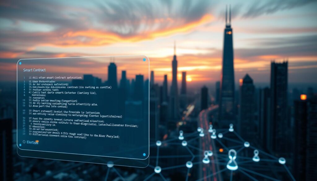 Detailed 3D digital illustration of a smart contract automation system. Sleek, modern aesthetic with clean lines and geometric shapes. In the foreground, a transparent holographic interface displays lines of code and smart contract parameters. In the middle ground, a futuristic blockchain network with nodes connected by glowing data streams. In the background, a cityscape of towering skyscrapers with a vibrant sunset sky, conveying a sense of technological progress and innovation. Soft, even lighting creates depth and dimensionality. Cinematic camera angle slightly elevated, capturing the scale and complexity of the scene.