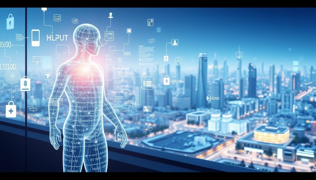 Detailed 3D medical illustration showcasing the benefits of blockchain for medical records management. In the foreground, a transparent human figure with layers of medical data floating around it, secured by a blockchain network. In the middle ground, a futuristic hospital setting with doctors and nurses interacting with digital patient records. In the background, a cityscape with healthcare facilities connected by a blockchain infrastructure, emphasizing secure data sharing and accessibility. Bright, clean, and technologically advanced lighting, with a sense of harmony and efficiency. Conveys the improved privacy, security, and interoperability of medical data through blockchain integration.