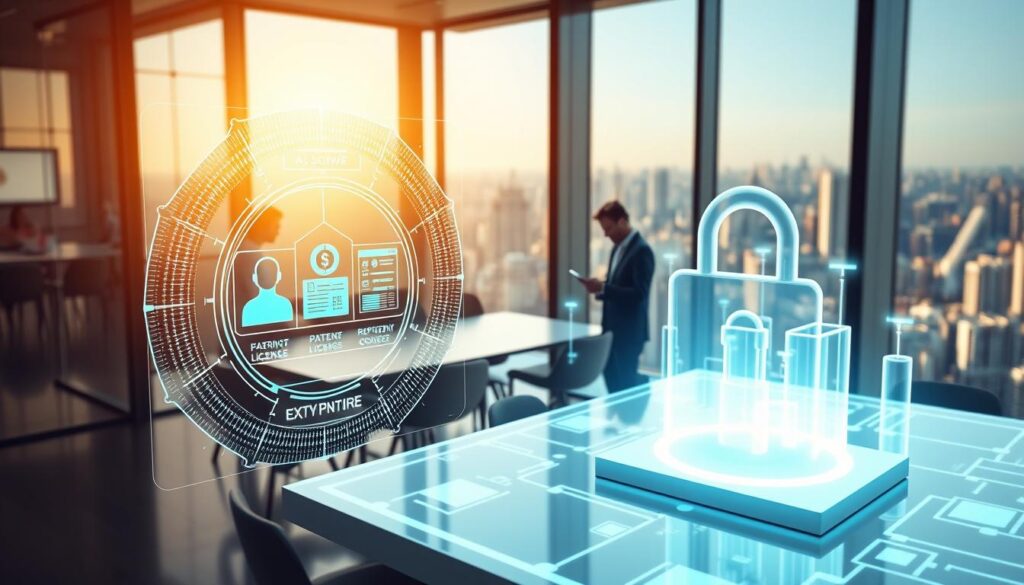 Detailed 3D render of a blockchain-powered intellectual property management system in a modern corporate office environment. In the foreground, a holographic display shows a secure patent registration and licensing workflow. In the middle ground, a team of professionals collaborate around a sleek conference table, reviewing digital asset metadata on their tablets. The background features floor-to-ceiling windows overlooking a bustling city skyline, with warm afternoon sunlight filtering in. The scene conveys a sense of technological sophistication, efficient workflow, and innovative IP protection in a real-world business context.
