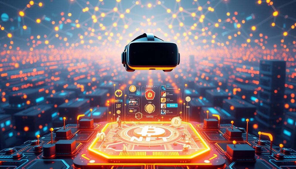 Detailed 3D render of a futuristic blockchain platform powering a vibrant NFT game ecosystem. In the foreground, a sleek digital gaming console and VR headset float above a dynamic array of cryptocurrency symbols and blockchain data structures. The middle ground features a holographic display showcasing various NFT game characters and in-game assets. In the background, a vast network of interconnected blockchain nodes and servers, bathed in a warm, ethereal glow, creating an immersive, high-tech atmosphere. Crisp, photorealistic details with dramatic side lighting and depth of field to emphasize the advanced technological nature of this blockchain-powered gaming platform.