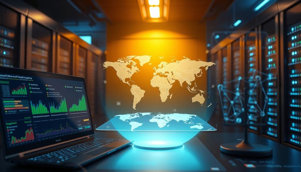 Detailed 3D rendering of a blockchain platform evaluation dashboard for carbon credits. In the foreground, a sleek user interface with visualizations of carbon credit data, transaction histories, and emissions tracking. Warm lighting from above casts a soft glow, creating a professional, data-driven atmosphere. In the middle ground, a holographic projection of a global map highlights regional carbon markets and decentralized registries. The background features futuristic server racks and a stylized blockchain network, conveying the technological infrastructure powering the carbon credit solutions. Detailed 3D rendering of a blockchain platform evaluation dashboard for carbon credits. In the foreground, a sleek user interface with visualizations of carbon credit data, transaction histories, and emissions tracking. Warm lighting from above casts a soft glow, creating a professional, data-driven atmosphere. In the middle ground, a holographic projection of a global map highlights regional carbon markets and decentralized registries. The background features futuristic server racks and a stylized blockchain network, conveying the technological infrastructure powering the carbon credit solutions.
