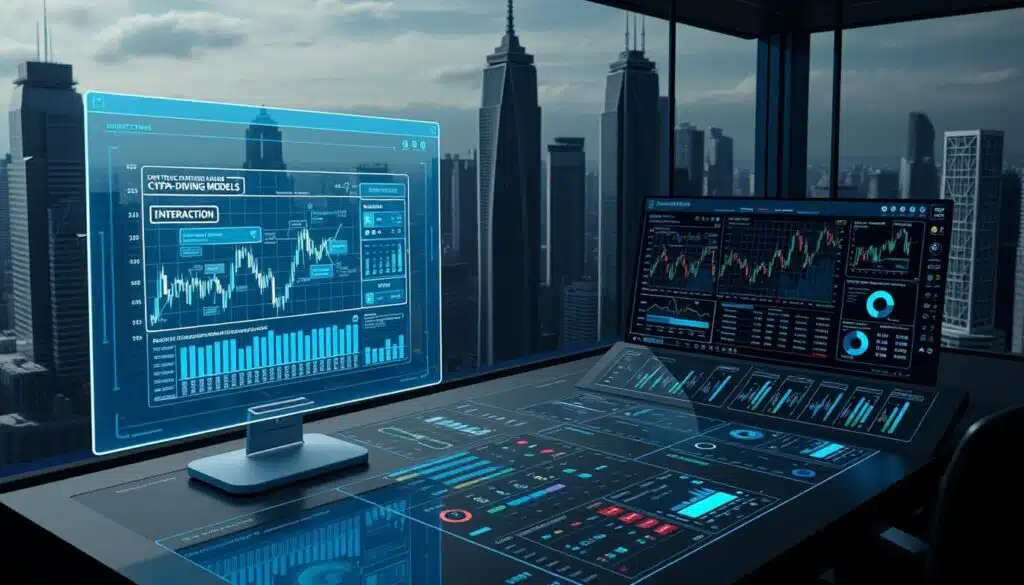 Detailed 3D visualization of strategic crypto trading models, showcasing a data-driven analytical framework. In the foreground, a holographic display presents real-time market insights and predictive algorithms. The middle ground features a sleek control panel with interactive visualizations, charts, and trading indicators. The background depicts a futuristic cityscape with towering skyscrapers, hinting at the global scale and interconnectedness of the crypto markets. Dramatic lighting casts long shadows, creating a sense of depth and emphasizing the gravity of the trading decisions. The overall mood is one of technological sophistication, data-driven precision, and the power to harness the crypto market's volatility for strategic advantage.
