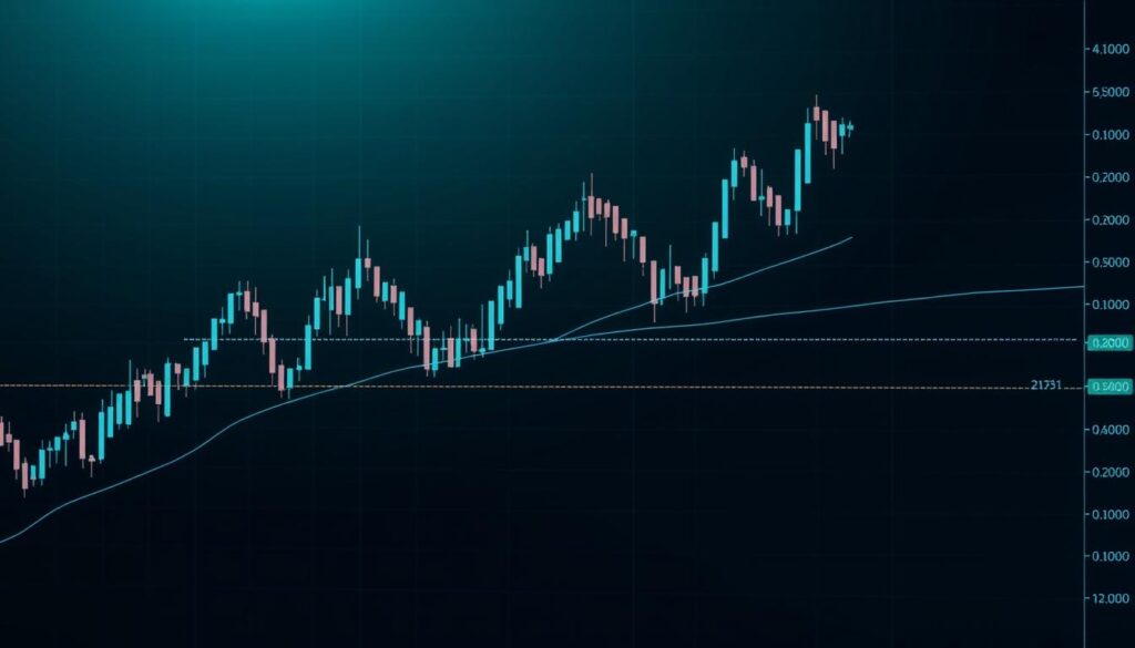 Detailed and accurate financial chart with advanced Fibonacci patterns, reflecting a crypto trading environment. Precise technical indicators and price movements rendered in a minimalist, high-contrast style. Smooth, clean lines and gradients create a sense of order and structure, complemented by a moody, teal-tinted lighting scheme. The chart occupies the central focus, with subtle background elements hinting at a digital, technological setting. Depth and dimension are achieved through careful composition, allowing the intricate Fibonacci overlays to stand out clearly. An image that conveys the analytical power and elegance of technical analysis in the crypto markets.