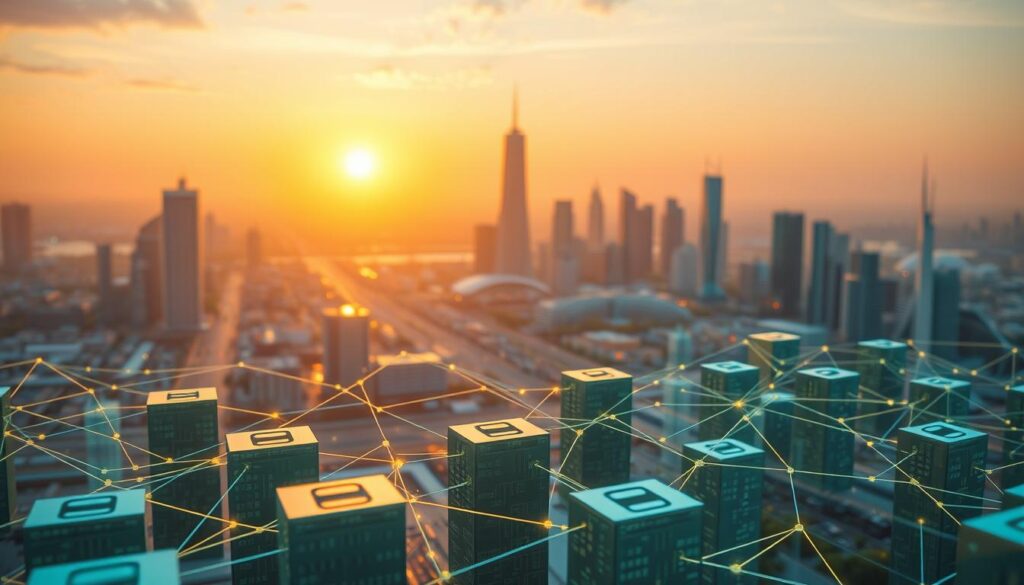 Detailed blockchain technology illustration. Intricate network of interconnected blocks in the foreground, each block representing a transaction. Transparent overlay of data structures and cryptographic protocols. Middle ground depicts a futuristic cityscape, with skyscrapers and autonomous vehicles, symbolizing the widespread application of blockchain. Background features a vibrant, glowing horizon, conveying the transformative potential of this revolutionary technology. Warm, optimistic lighting casts a sense of progress and innovation. High-resolution, photorealistic rendering, captured through a wide-angle lens to encompass the full breadth of the scene.