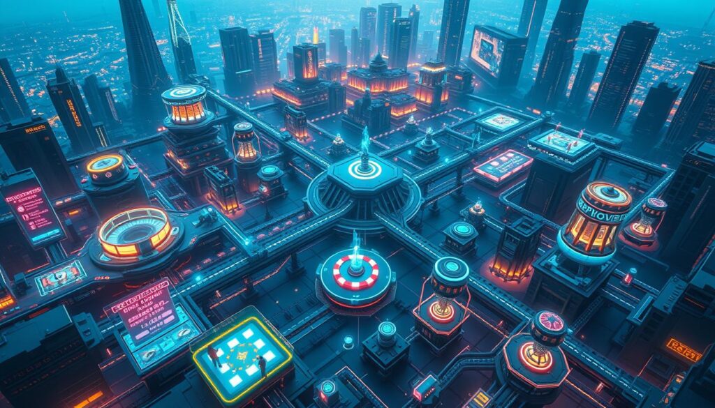 Detailed blockchain technology landscape with a central focus on an intricate NFT gaming ecosystem. The foreground depicts a vibrant, futuristic gaming scene with characters interacting with holographic interfaces. The middle ground showcases a complex network of interconnected blockchain nodes, data flows, and smart contracts. The background features a cityscape with towering skyscrapers, neon lights, and a sense of technological advancement. Lighting is dramatic, with a cool, cyberpunk-inspired color palette. The angle is a high, birds-eye view, conveying the vast scale and complexity of the blockchain-powered NFT gaming world.
