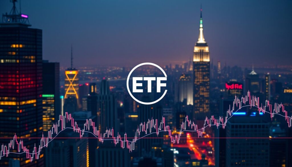 Detailed cityscape at night, illuminated by vibrant neon lights and glowing skyscrapers. In the foreground, a dynamic chart depicting the volatile swings of cryptocurrency prices, represented by fluctuating lines and geometric shapes. The midground features a prominent ETF logo, surrounded by complex financial data visualizations. In the background, a hazy silhouette of a city skyline, reflecting the uncertainty and unpredictability of the crypto market. The scene is imbued with a sense of technological innovation, financial risk, and the far-reaching impact of Federal Reserve policies on the digital asset landscape.