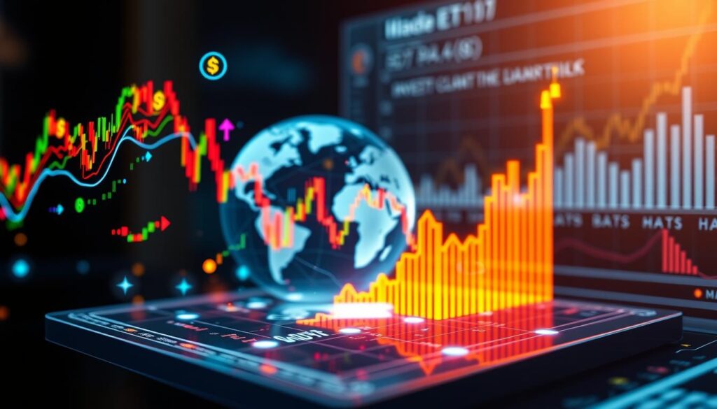 Detailed close-up of cryptocurrency investment trends, visualized through a dynamic holographic display. The foreground showcases colorful, undulating cryptocurrency symbols and charts, reflecting the volatility and growth of the digital asset market. In the middle ground, a 3D projection of a globe highlights the global nature of cryptocurrency adoption, with data points and information streams flowing across national borders. The background features a sleek, futuristic interface with clean lines and a minimalist aesthetic, creating a sense of technological sophistication. Warm, directional lighting illuminates the scene, casting subtle shadows and highlights to enhance the depth and dimensionality of the composition. Detailed close-up of cryptocurrency investment trends, visualized through a dynamic holographic display. The foreground showcases colorful, undulating cryptocurrency symbols and charts, reflecting the volatility and growth of the digital asset market. In the middle ground, a 3D projection of a globe highlights the global nature of cryptocurrency adoption, with data points and information streams flowing across national borders. The background features a sleek, futuristic interface with clean lines and a minimalist aesthetic, creating a sense of technological sophistication. Warm, directional lighting illuminates the scene, casting subtle shadows and highlights to enhance the depth and dimensionality of the composition.