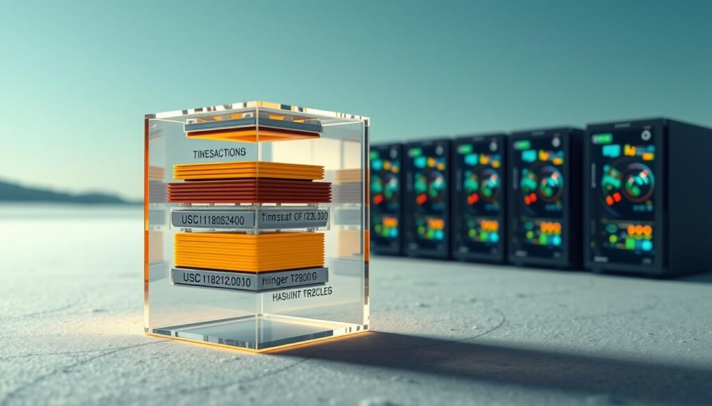 Detailed cross-section of a blockchain block structure, showcasing the core components and hashing process. In the foreground, a transparent cube reveals the inner workings - a stack of transaction data, a timestamp, and the hash of the previous block, all neatly organized. The middle ground depicts the mining process, with computer rigs solving complex mathematical puzzles to generate the block's cryptographic hash. In the background, a serene, minimalist landscape sets the tone, emphasizing the technical elegance and security of the blockchain system. Soft, directional lighting accentuates the geometric forms and highlights the intricate relationships between the block's elements. Captured with a wide-angle lens to provide a comprehensive, almost architectural view of the blockchain structure.