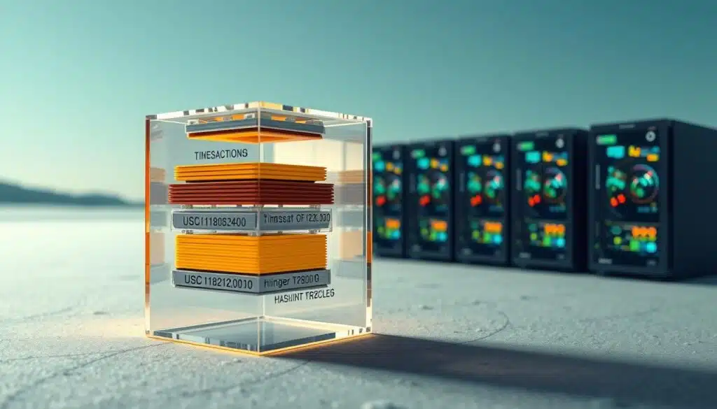 Detailed cross-section of a blockchain block structure, showcasing the core components and hashing process. In the foreground, a transparent cube reveals the inner workings - a stack of transaction data, a timestamp, and the hash of the previous block, all neatly organized. The middle ground depicts the mining process, with computer rigs solving complex mathematical puzzles to generate the block's cryptographic hash. In the background, a serene, minimalist landscape sets the tone, emphasizing the technical elegance and security of the blockchain system. Soft, directional lighting accentuates the geometric forms and highlights the intricate relationships between the block's elements. Captured with a wide-angle lens to provide a comprehensive, almost architectural view of the blockchain structure.