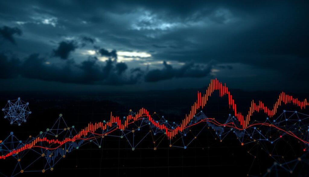 Detailed crypto price chart against a dark, moody background. In the foreground, a series of neural network-inspired patterns and geometric shapes pulsate with vibrant, neon-like colors. Intricate algorithms and data visualizations weave through the middle ground, conveying the complexity of deep learning techniques used to analyze crypto market trends. In the background, a cloudy, atmospheric skyline sets the scene, evoking the unpredictable nature of the digital currency landscape. Dramatic chiaroscuro lighting casts dramatic shadows, heightening the sense of technical sophistication and analytical depth. The overall composition should strike a balance between the analytical and the abstract, reflecting the intersection of advanced technology and volatile financial markets.