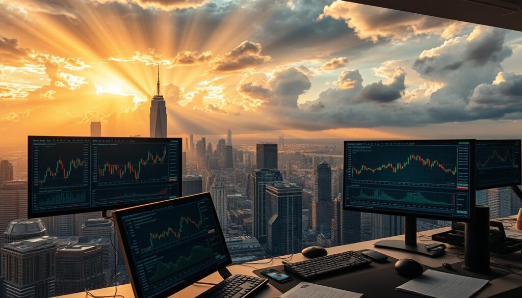 Detailed cryptocurrency fundamental analysis in a dynamic crypto market. A striking, photorealistic landscape showcasing the importance of in-depth research and data-driven decision making. In the foreground, a trader's desk with multiple displays visualizing complex financial metrics, candlestick charts, and risk models. The middle ground features a cityscape of skyscrapers and busy trading floors, conveying the fast-paced, ever-evolving nature of the crypto industry. In the background, a dramatic sky with rays of light breaking through ominous clouds, symbolizing the volatility and unpredictability inherent to cryptocurrencies. Warm lighting, a cinematic depth of field, and a sense of tension and urgency permeate the scene, underscoring the critical role of fundamental analysis in navigating the crypto market. Detailed cryptocurrency fundamental analysis in a dynamic crypto market. A striking, photorealistic landscape showcasing the importance of in-depth research and data-driven decision making. In the foreground, a trader's desk with multiple displays visualizing complex financial metrics, candlestick charts, and risk models. The middle ground features a cityscape of skyscrapers and busy trading floors, conveying the fast-paced, ever-evolving nature of the crypto industry. In the background, a dramatic sky with rays of light breaking through ominous clouds, symbolizing the volatility and unpredictability inherent to cryptocurrencies. Warm lighting, a cinematic depth of field, and a sense of tension and urgency permeate the scene, underscoring the critical role of fundamental analysis in navigating the crypto market.
