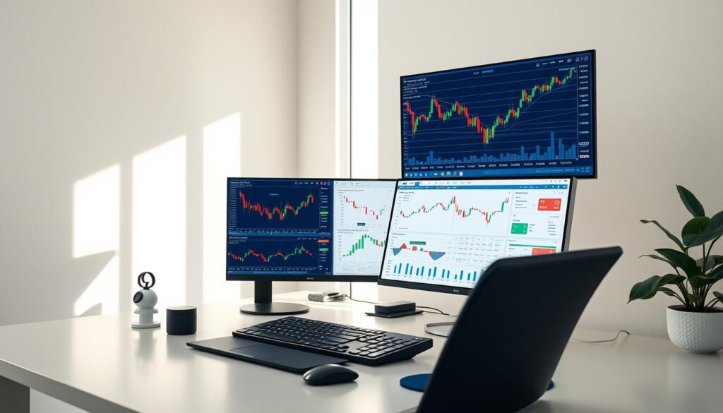 Detailed cryptocurrency market analysis tools, meticulously crafted in a serene, minimalist workspace. A sleek desktop setup with multiple displays showcasing insightful charts, live trading data, and advanced analytical dashboards. Soft, natural lighting illuminates the scene, creating a calming, contemplative atmosphere. The tools are arranged with precision, highlighting their intuitive interfaces and cutting-edge features. This image conveys the power and sophistication of modern crypto research, empowering financial professionals to make informed decisions. Detailed cryptocurrency market analysis tools, meticulously crafted in a serene, minimalist workspace. A sleek desktop setup with multiple displays showcasing insightful charts, live trading data, and advanced analytical dashboards. Soft, natural lighting illuminates the scene, creating a calming, contemplative atmosphere. The tools are arranged with precision, highlighting their intuitive interfaces and cutting-edge features. This image conveys the power and sophistication of modern crypto research, empowering financial professionals to make informed decisions.