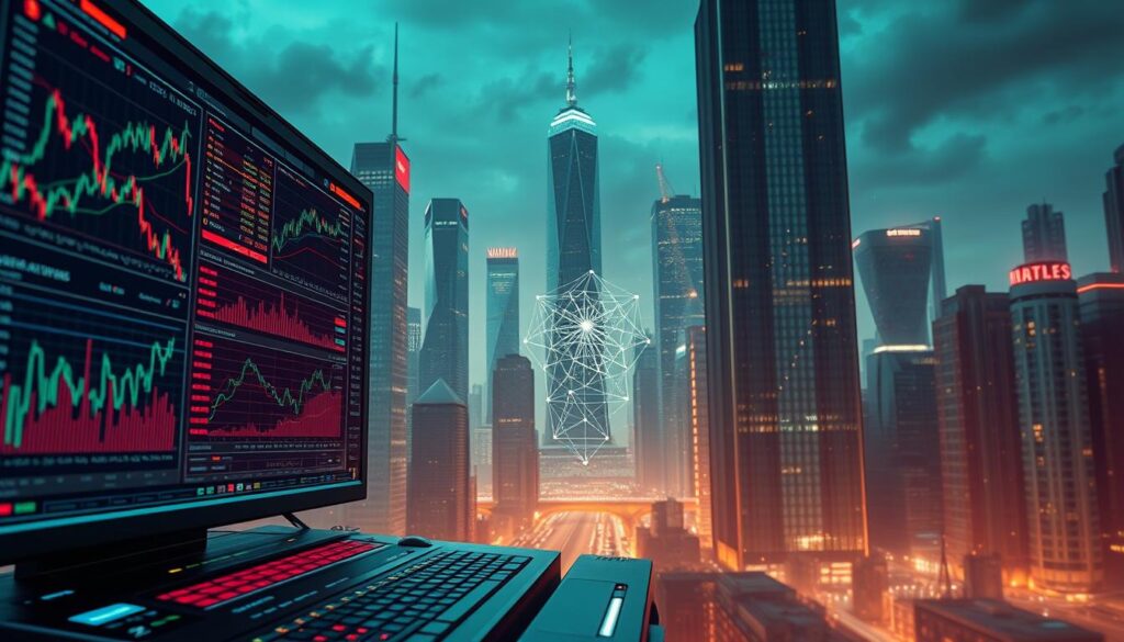 Detailed cyberpunk-inspired illustration of key features of AI-powered crypto trading bots. In the foreground, a sleek, futuristic interface with multiple dynamic charts, graphs, and technical indicators. In the middle ground, an autonomous trading algorithm visualized as a complex neural network, processing vast amounts of real-time market data. In the background, a cityscape of towering skyscrapers and glowing neon lights, symbolizing the fast-paced, high-stakes world of digital finance. Cinematic lighting, dramatic angles, and a vibrant, neon-tinged color palette create an intense, tech-savvy atmosphere.