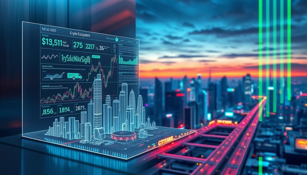Detailed data visualization of the crypto market landscape in 2025. The foreground features a 3D holographic projection of real-time market trends, charts, and analytics displayed against a sleek metallic background. The middle ground showcases a digital skyline of skyscrapers and tech hubs, representing the thriving crypto ecosystem. The background depicts a futuristic cityscape with flying vehicles and neon-lit skies, bathed in a cool, neon-tinged lighting. The overall atmosphere conveys a sense of innovation, technological advancement, and the dynamic nature of the evolving crypto market. Detailed data visualization of the crypto market landscape in 2025. The foreground features a 3D holographic projection of real-time market trends, charts, and analytics displayed against a sleek metallic background. The middle ground showcases a digital skyline of skyscrapers and tech hubs, representing the thriving crypto ecosystem. The background depicts a futuristic cityscape with flying vehicles and neon-lit skies, bathed in a cool, neon-tinged lighting. The overall atmosphere conveys a sense of innovation, technological advancement, and the dynamic nature of the evolving crypto market.