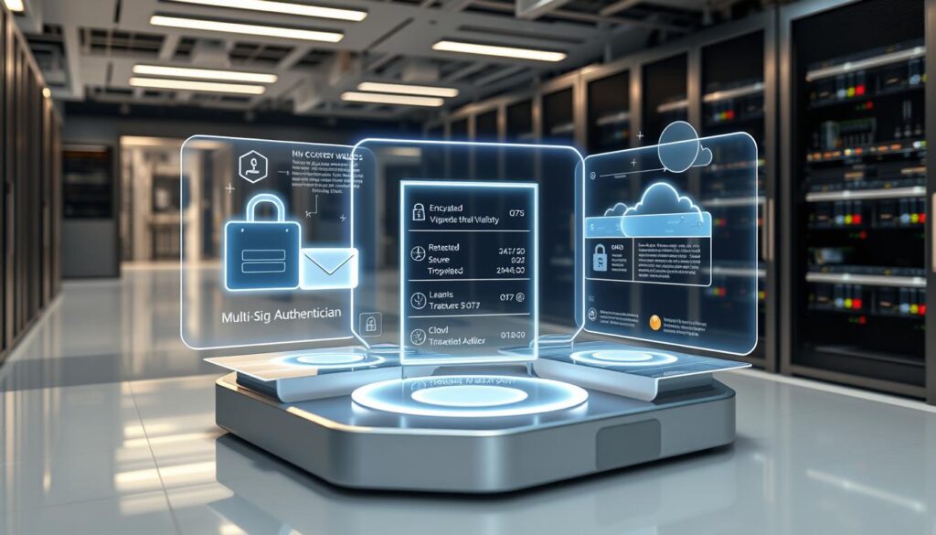 Detailed digital asset custody solution. Sleek modern interface with secure storage visualization. Holographic display of encrypted wallets, multi-sig authentication, and transaction audit logs. Metallic accents, soft lighting, minimalist design. Server racks, cryptographic hardware, and cloud infrastructure in the background, conveying enterprise-grade infrastructure. An atmosphere of advanced technology, high security, and sophisticated digital asset management.
