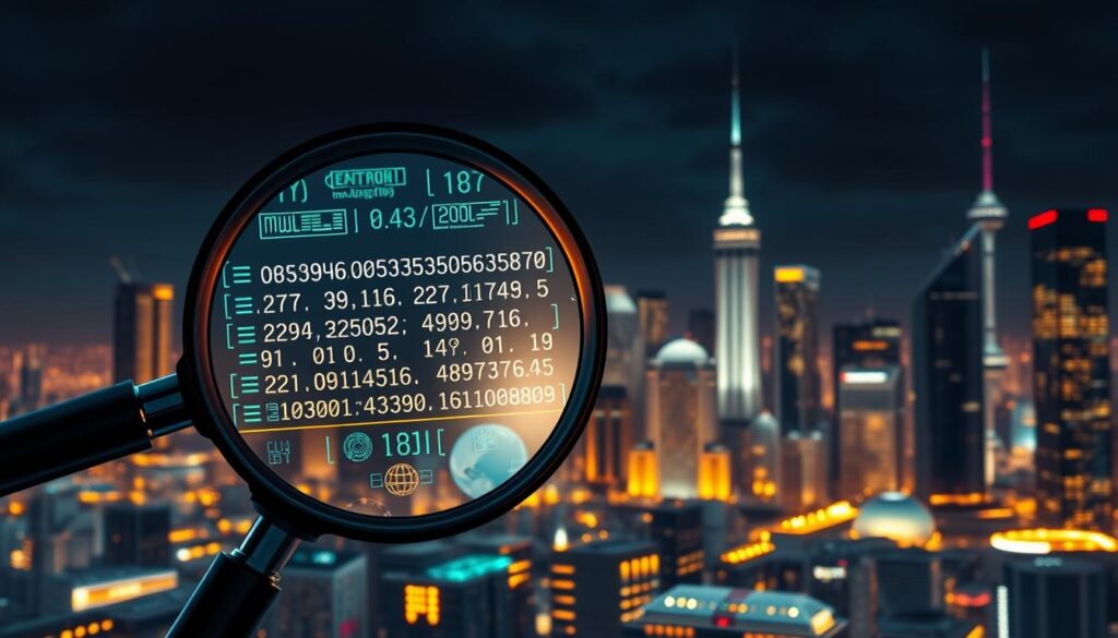 Detailed digital illustration of cutting-edge crypto fraud detection techniques. In the foreground, a magnifying glass examines a blockchain transaction, revealing anomalies and suspicious patterns. In the middle ground, complex algorithms and data visualizations analyze crypto wallets and activity. In the background, a futuristic city skyline with skyscrapers and glowing digital infrastructure. Dramatic high-contrast lighting casts dramatic shadows, conveying the gravity and importance of the subject matter. Rendered in a sleek, high-tech style with a sense of precision and sophistication.