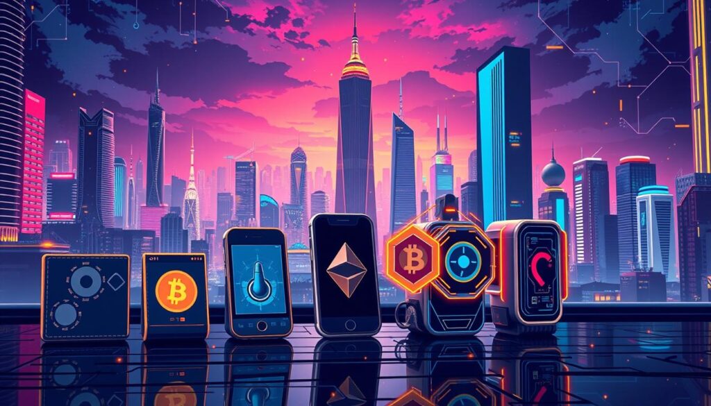 Detailed digital illustration showcasing the evolution of crypto wallets and their integration with advanced AI technology. In the foreground, a series of stylized crypto wallet icons depicting their progression from early hardware devices to sleek mobile apps and cloud-based platforms. The middle ground features dynamic visualizations of AI algorithms and machine learning models, interacting with the wallets to enhance security, transaction processing, and user experience. In the background, a futuristic cityscape with towering skyscrapers and a vibrant, neon-lit skyline, symbolizing the seamless integration of cryptocurrency and AI-driven innovations. Rendered in a high-contrast, cyberpunk-inspired color palette with dramatic lighting and sharp, angular compositions to convey a sense of technological advancement and digital transformation. Detailed digital illustration showcasing the evolution of crypto wallets and their integration with advanced AI technology. In the foreground, a series of stylized crypto wallet icons depicting their progression from early hardware devices to sleek mobile apps and cloud-based platforms. The middle ground features dynamic visualizations of AI algorithms and machine learning models, interacting with the wallets to enhance security, transaction processing, and user experience. In the background, a futuristic cityscape with towering skyscrapers and a vibrant, neon-lit skyline, symbolizing the seamless integration of cryptocurrency and AI-driven innovations. Rendered in a high-contrast, cyberpunk-inspired color palette with dramatic lighting and sharp, angular compositions to convey a sense of technological advancement and digital transformation.
