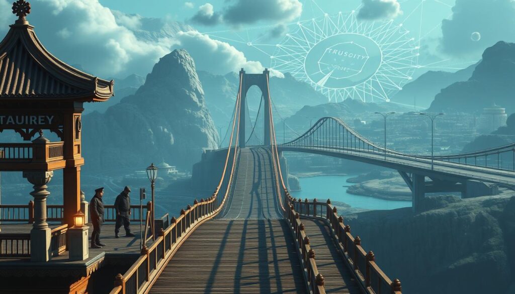 Detailed illustration of trusted vs trustless crypto bridge security models. In the foreground, a sturdy, traditional bridge with security sentries and checkpoints, representing the trusted model. In the middle ground, a more open, decentralized bridge with no centralized control, signifying the trustless model. The background features a futuristic blockchain landscape with interconnected nodes, conveying the advanced technology powering these bridge solutions. Dramatic lighting casts shadows, emphasizing the contrasts between the two approaches. Rendered with a cinematic, high-resolution artistic style to capture the technical and conceptual complexities of cross-chain bridge security. Detailed illustration of trusted vs trustless crypto bridge security models. In the foreground, a sturdy, traditional bridge with security sentries and checkpoints, representing the trusted model. In the middle ground, a more open, decentralized bridge with no centralized control, signifying the trustless model. The background features a futuristic blockchain landscape with interconnected nodes, conveying the advanced technology powering these bridge solutions. Dramatic lighting casts shadows, emphasizing the contrasts between the two approaches. Rendered with a cinematic, high-resolution artistic style to capture the technical and conceptual complexities of cross-chain bridge security.