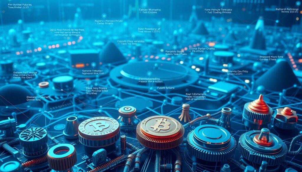 Detailed illustration of various crypto derivative types and mechanisms. In the foreground, distinct financial instruments like futures, options, swaps, and perpetual contracts rendered with technical precision. Surrounding them, a middle ground depicting the intricate web of trading flows, price discovery, and risk management strategies. In the background, a digital landscape of blockchain networks, smart contracts, and decentralized exchanges, creating the technological foundation for this complex financial ecosystem. The scene is bathed in a cool, techno-futuristic lighting, conveying the cutting-edge, data-driven nature of the crypto derivatives market.