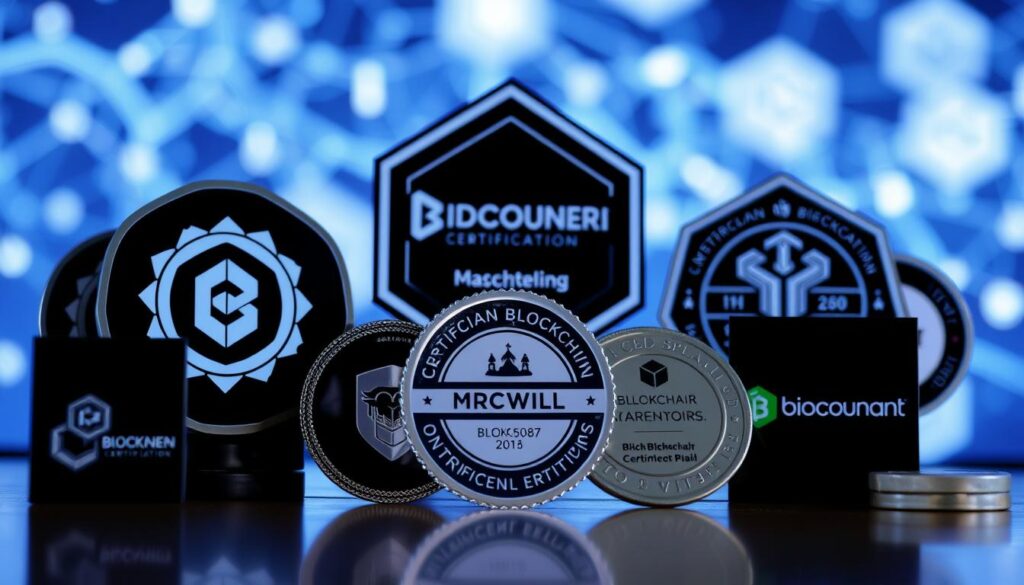 Detailed image of popular blockchain certification programs, with a clean and professional aesthetic. Crisp, well-lit rendering of various blockchain certification logos and badges in the foreground, arranged in a visually appealing layout. Subtle background elements such as a stylized blockchain network visualization or hexagonal pattern, conveying the technical and innovative nature of the subject matter. Overall, a striking, visually compelling illustration that effectively communicates the topic of in-demand blockchain certification courses.
