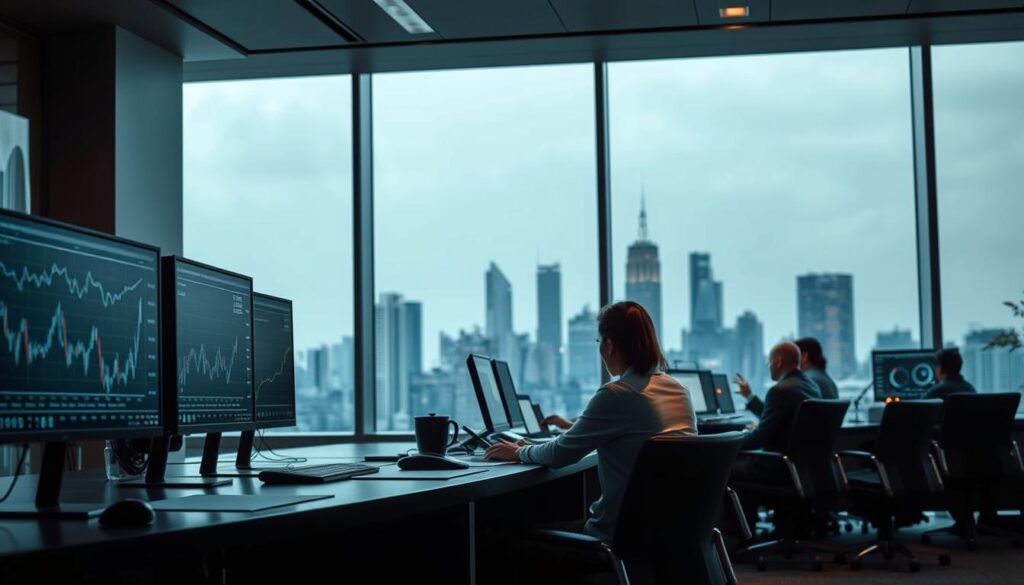 Detailed institutional adoption of Zcash, BNB, and emerging crypto tokens. Set in a modern, high-tech office environment. In the foreground, a broker's desk with sleek computer monitors displaying charts and graphs. Gently backlit, casting a soft glow. In the middle ground, a team of financial analysts poring over data, gesturing animatedly. Large floor-to-ceiling windows reveal a bustling city skyline in the background, symbolizing the global scale of institutional investment. Muted color palette of grays, blues, and warm metallics convey a sense of professionalism and gravitas. Overall, an image that reflects the serious, forward-thinking nature of institutional cryptocurrency adoption.