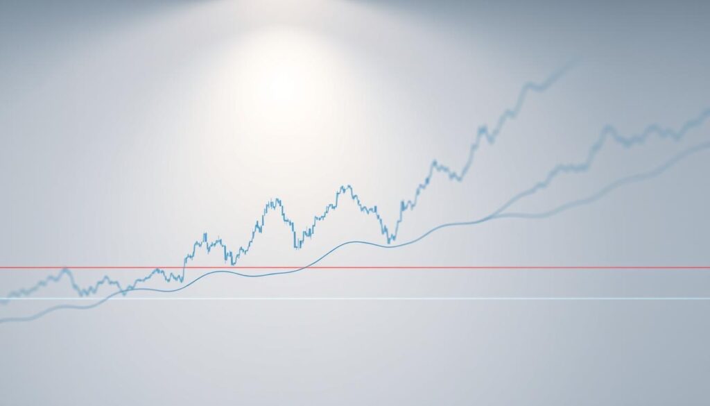 Detailed line chart displaying various trend line patterns and channel formations in a sophisticated, technical style. Precise, geometric lines in shades of blue and gray against a neutral background, showcasing common technical analysis configurations such as ascending, descending, and horizontal trends, as well as symmetrical and ascending/descending channels. Crisp, high-definition rendering with subtle depth of field, creating a sense of depth and focus on the key chart patterns. Subtle lighting from above casts gentle shadows, enhancing the dimensional quality. An authoritative, analytical visual to illustrate technical trading concepts.
