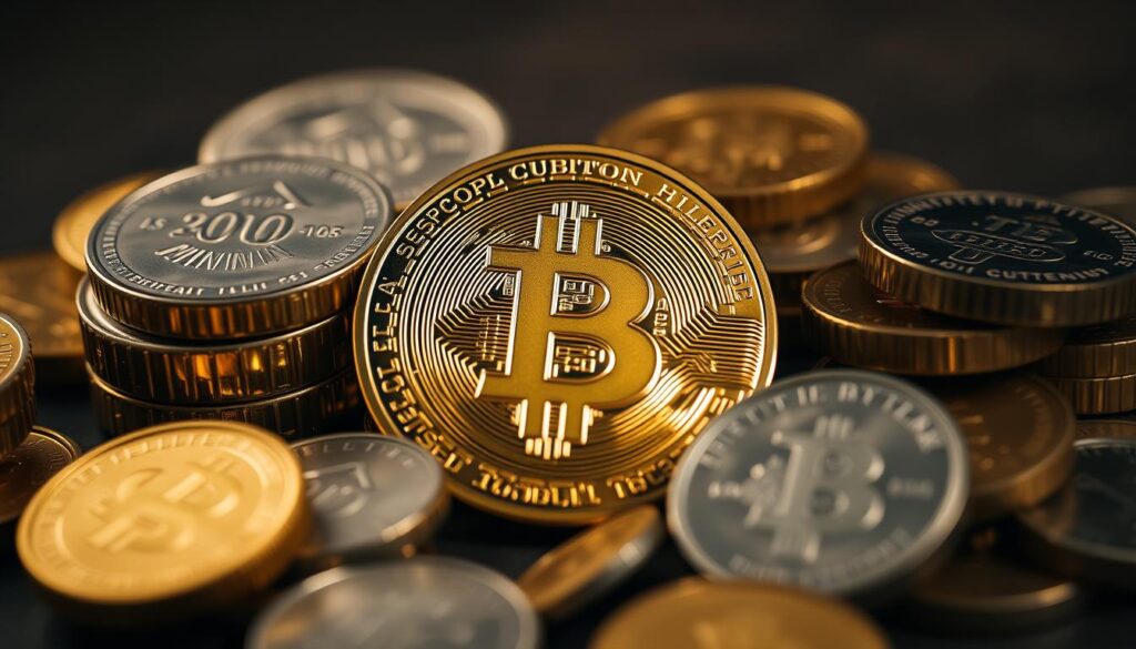 Detailed macro shot of gold Bitcoin and traditional safe haven assets such as gold bullion and silver coins, arranged in a balanced still life composition. Soft studio lighting from the side, casting warm shadows. Shallow depth of field, focusing on the central Bitcoin. Polished metallic textures, with subtle reflections. Muted, earthy color palette evoking a sense of wealth, security, and stability. Conveys the idea of Bitcoin as a digital gold, a hedge against financial uncertainty, alongside physical precious metals.