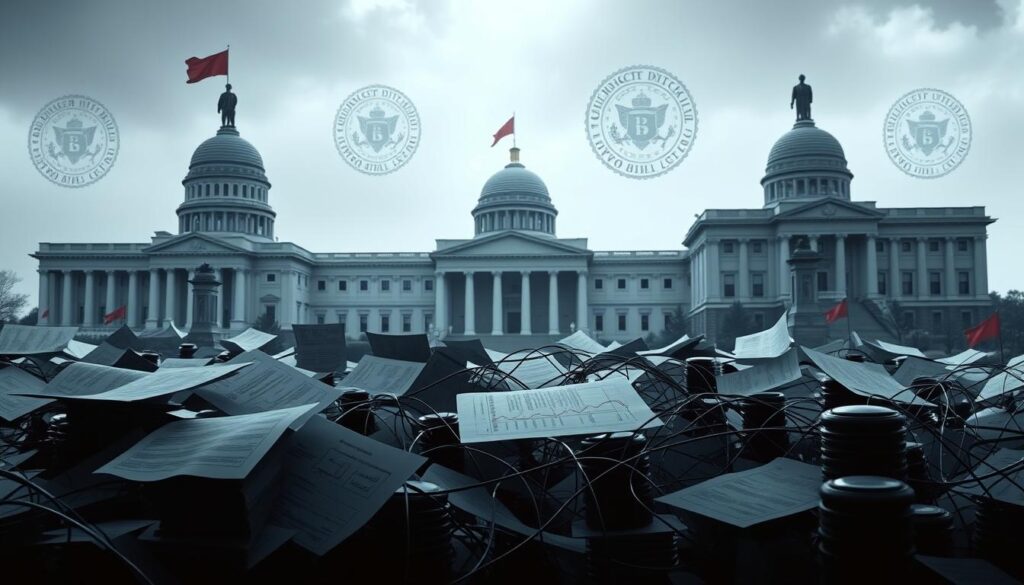 Detailed regulatory landscape of the crypto industry, showcasing intricate financial regulations, policy frameworks, and global jurisdictions. Imposing government buildings and official seals in the background, casting an authoritative presence. Foreground features a complex web of legal documents, digital signatures, and data analytics dashboards, symbolizing the multilayered compliance requirements. Muted color palette of grays, blues, and reds conveys the formal, institutional atmosphere. Dramatic chiaroscuro lighting casts shadows, emphasizing the gravity and seriousness of the regulatory environment. Camera angle is slightly elevated, providing an objective, bird's-eye perspective on the crypto regulatory landscape. Detailed regulatory landscape of the crypto industry, showcasing intricate financial regulations, policy frameworks, and global jurisdictions. Imposing government buildings and official seals in the background, casting an authoritative presence. Foreground features a complex web of legal documents, digital signatures, and data analytics dashboards, symbolizing the multilayered compliance requirements. Muted color palette of grays, blues, and reds conveys the formal, institutional atmosphere. Dramatic chiaroscuro lighting casts shadows, emphasizing the gravity and seriousness of the regulatory environment. Camera angle is slightly elevated, providing an objective, bird's-eye perspective on the crypto regulatory landscape.