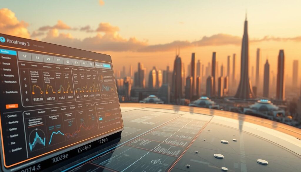Detailed roadmap analysis depicting a futuristic landscape, showcasing the development stages of a cryptocurrency project. In the foreground, a sleek digital dashboard displays milestones, timelines, and key deliverables. The middle ground features intricate infographics and visualizations, conveying the project's technical roadmap and feature rollout. In the background, a cityscape of gleaming skyscrapers and advanced technological structures symbolizes the project's ambitious vision for growth and adoption. Warm lighting casts a forward-looking, optimistic tone, while a cinematic camera angle emphasizes the grand scale and importance of the roadmap. The overall composition conveys a sense of strategic planning, innovation, and the progressive evolution of the cryptocurrency ecosystem.