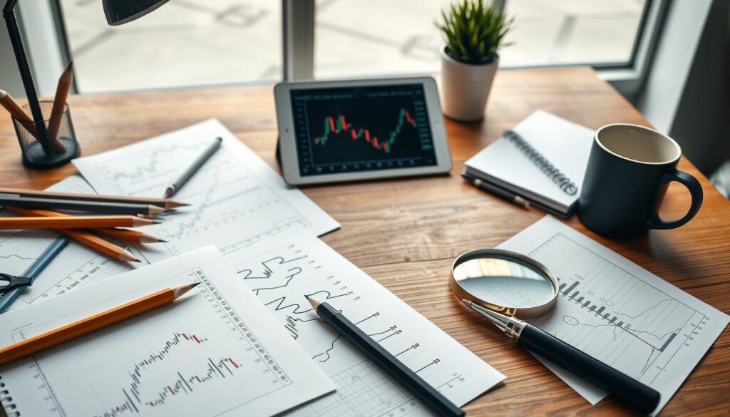 Detailed still life composition of various printable candlestick pattern resources for traders. Foreground features a stack of papers with technical candlestick chart diagrams, surrounded by drawing tools like pencils, rulers, and a magnifying glass. Middle ground displays a tablet device with a candlestick pattern analysis app open, placed next to a trader's notebook and coffee mug. Background shows a wooden desk surface with a warm, natural lighting from a large window. The overall scene conveys a sense of focus, research, and active market analysis by a dedicated trader.