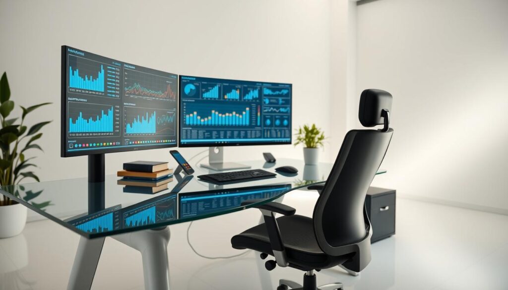 Detailed technical data visualization dashboard on a sleek modern office desk, in a well-lit, minimalist studio setting. Foreground shows a glass-top desk with various analytic charts, graphs, and performance metrics displayed on high-resolution computer screens. Midground features ergonomic office chair, potted plant, and other productivity accessories. Background has clean white walls, subtle ambient lighting, and a sense of focus and analytical precision. Detailed technical data visualization dashboard on a sleek modern office desk, in a well-lit, minimalist studio setting. Foreground shows a glass-top desk with various analytic charts, graphs, and performance metrics displayed on high-resolution computer screens. Midground features ergonomic office chair, potted plant, and other productivity accessories. Background has clean white walls, subtle ambient lighting, and a sense of focus and analytical precision.