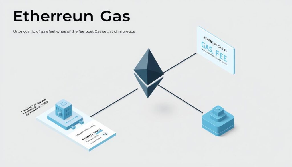 Detailed technical diagram depicting the calculation of Ethereum blockchain gas fees, including the base fee, priority fee, and gas limit. A clean, minimalist layout with precise technical illustrations and infographic elements. Muted color palette of grays, blues, and blacks. Faint grid lines and isometric perspectives create a sense of structure and organization. Crisp, high-resolution rendering with a focus on legibility and information density. The overall mood is informative and educational, guiding the viewer through the key components of Ethereum gas fee mechanics.