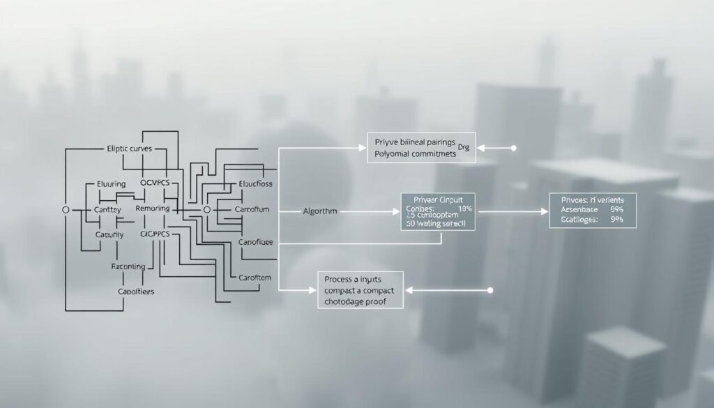Detailed technical diagram of a zk-SNARK implementation, showcasing the core components and their interconnections. In the foreground, a complex circuit diagram with cryptographic primitives like elliptic curves, bilinear pairings, and polynomial commitments. In the middle ground, visual representations of the prover and verifier algorithms, processing inputs and producing a compact cryptographic proof. In the background, a hazy depiction of the broader blockchain ecosystem, highlighting the privacy-preserving capabilities of zk-SNARKs. Rendered with a clean, minimalist aesthetic using a muted color palette, emphasizing the technical sophistication of this zero-knowledge proof system.