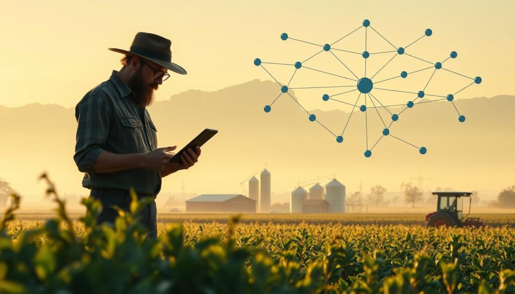 Detailed technical illustration of blockchain implementation challenges in agriculture. In the foreground, a farmer struggles with a complex blockchain interface on a tablet, surrounded by crops and farm equipment. The middle ground features a network of interconnected nodes representing the decentralized blockchain infrastructure, casting shadows across the scene. In the background, a hazy skyline with silhouettes of silos and barns, symbolizing the barriers to widespread adoption. Lighting is soft and diffused, creating a contemplative mood. Camera angle is slightly elevated to convey the complexity of the subject matter.