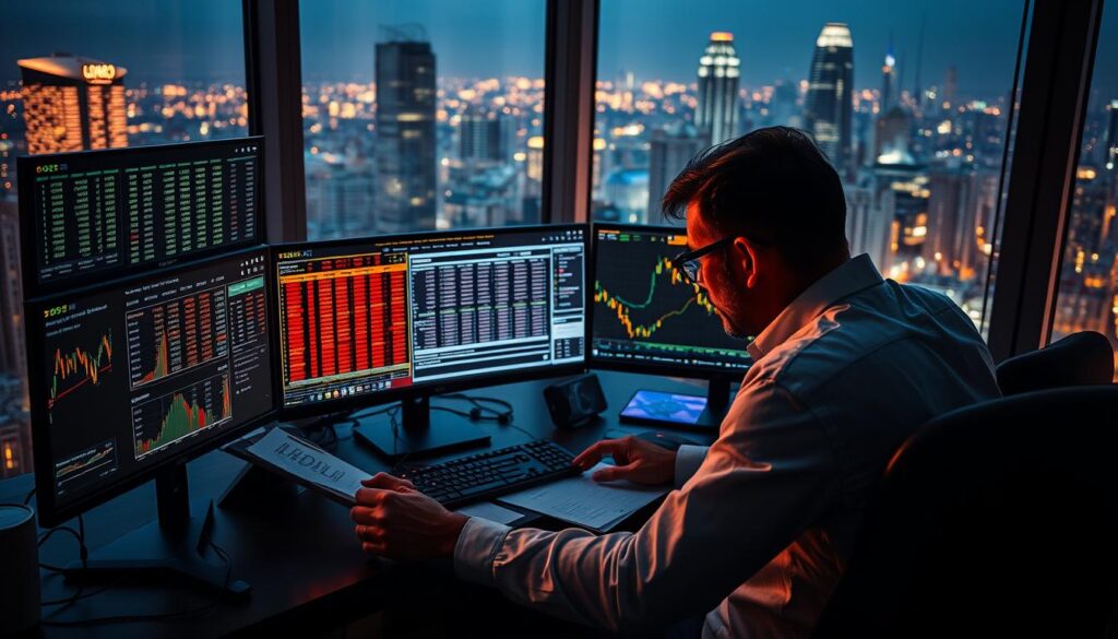 Detailed trading decision making scene. A trader seated at a computer desk, intensely focused on analyzing an intricate cryptocurrency order book on multiple monitors. Soft, warm lighting illuminates their face, casting dramatic shadows. The desk is cluttered with financial charts, trading apps, and a cup of coffee. In the background, a cityscape at night visible through large windows, with a sense of hustle and bustle. The overall mood is one of deep contemplation, with the trader immersed in the complexities of order book analysis and its impact on their trading strategy. Detailed trading decision making scene. A trader seated at a computer desk, intensely focused on analyzing an intricate cryptocurrency order book on multiple monitors. Soft, warm lighting illuminates their face, casting dramatic shadows. The desk is cluttered with financial charts, trading apps, and a cup of coffee. In the background, a cityscape at night visible through large windows, with a sense of hustle and bustle. The overall mood is one of deep contemplation, with the trader immersed in the complexities of order book analysis and its impact on their trading strategy.