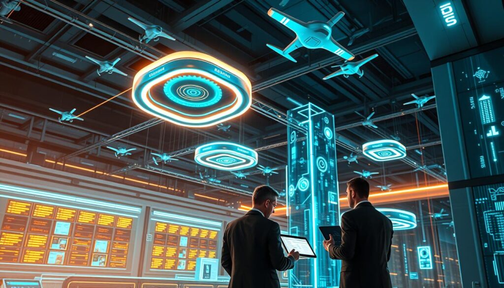 Elegant blockchain platform, featuring a network of interconnected servers, data centers, and user devices. Sleek, futuristic architecture with clean lines and a minimalist aesthetic. Glowing holographic displays showcase real-time IP data, smart contracts, and decentralized ledgers. Warm lighting casts a soft glow, creating a sense of innovation and advanced technology. Overhead, satellites and drones monitor the system, ensuring secure and efficient data transmission. In the foreground, business executives collaborate, examining detailed analytics and dashboards on their tablets. The scene conveys the power and potential of blockchain-based IP management solutions. Elegant blockchain platform, featuring a network of interconnected servers, data centers, and user devices. Sleek, futuristic architecture with clean lines and a minimalist aesthetic. Glowing holographic displays showcase real-time IP data, smart contracts, and decentralized ledgers. Warm lighting casts a soft glow, creating a sense of innovation and advanced technology. Overhead, satellites and drones monitor the system, ensuring secure and efficient data transmission. In the foreground, business executives collaborate, examining detailed analytics and dashboards on their tablets. The scene conveys the power and potential of blockchain-based IP management solutions.