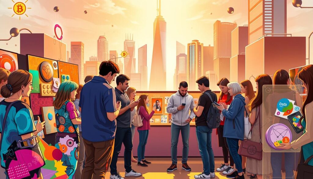 Empowered creators and collectors stand together in a vibrant, dynamic scene. In the foreground, a diverse group of artists, designers, and digital enthusiasts collaborate, sharing ideas and unveiling their latest NFT creations. Vibrant colors, abstract shapes, and technological motifs fill the frame, reflecting the innovative spirit of the digital art world. In the middle ground, collectors eagerly browse through a curated gallery, examining the unique digital assets with a sense of ownership and pride. The background features a towering, futuristic cityscape, its gleaming skyscrapers and neon-lit streets symbolizing the growth and potential of the NFT ecosystem. Warm lighting casts a golden glow, evoking a sense of optimism and empowerment.