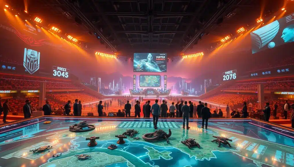 Expansive tournament arena with a vibrant atmosphere. In the foreground, strategic game pieces and tactical maps laid out on a sleek, holographic table. Overhead, a high-intensity display showcases live match data, with dynamic visuals and statistics. In the middle ground, groups of players huddle, discussing battle plans and studying their opponents' movements. The background is a futuristic landscape, with towering holograms, neon-lit skylines, and the faint glow of a massive scoreboard. Warm lighting casts a sense of anticipation and determination, while cinematic camera angles capture the tension and excitement of the tournament.