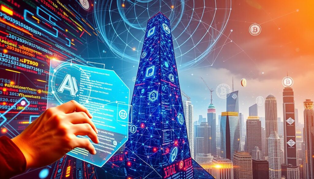 Explore the dynamic world of blockchain programming languages through a captivating visual journey. In the foreground, a developer's hands code intricately on a holographic display, surrounded by a swirling maelstrom of data streams and geometric patterns. In the middle ground, a towering blockchain structure rises, its intricate network of nodes and transactions visible through a lens-like effect. The background features a futuristic cityscape, its skyscrapers adorned with digital currencies and blockchain-inspired motifs, all bathed in a warm, ethereal glow. The overall composition conveys the depth, complexity, and transformative potential of blockchain programming, inviting the viewer to delve deeper into this innovative realm. Explore the dynamic world of blockchain programming languages through a captivating visual journey. In the foreground, a developer's hands code intricately on a holographic display, surrounded by a swirling maelstrom of data streams and geometric patterns. In the middle ground, a towering blockchain structure rises, its intricate network of nodes and transactions visible through a lens-like effect. The background features a futuristic cityscape, its skyscrapers adorned with digital currencies and blockchain-inspired motifs, all bathed in a warm, ethereal glow. The overall composition conveys the depth, complexity, and transformative potential of blockchain programming, inviting the viewer to delve deeper into this innovative realm.