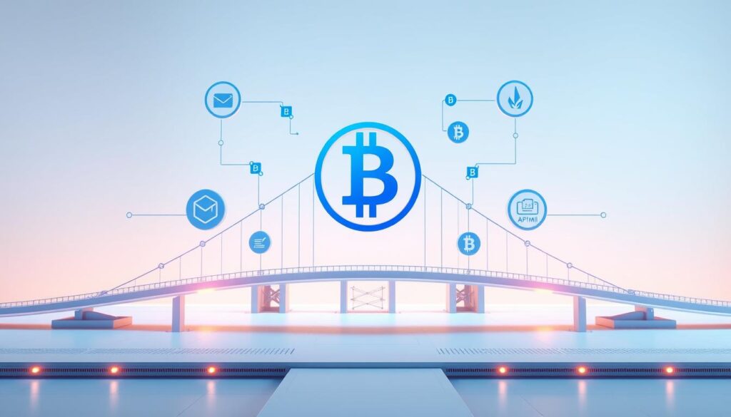 High-resolution 3D render of the key components of a cross-chain NFT bridge, showcased against a clean, minimalist backdrop. The foreground features a central floating blockchain icon representing the bridge mechanism, surrounded by various crypto wallet logos, API connectors, and smart contract modules. The middle ground depicts architectural elements like blockchain infrastructure and data transmission channels. The background is a soft, gradient-based environment with a touch of ethereal lighting, conveying a sense of technological sophistication and interconnectivity. Rendered with a photorealistic style, high attention to detail, and a color palette of blues, grays, and metallic accents.
