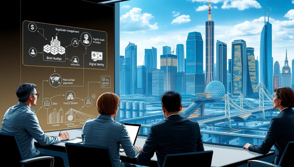 Highly detailed, realistic digital illustration of a modern enterprise blockchain use case. Foreground features a team of business professionals in a boardroom, discussing blockchain technology implementation and use cases. Middle ground shows various blockchain-powered business applications like supply chain management, cross-border payments, and digital identity. Background depicts a futuristic cityscape with skyscrapers and advanced infrastructure, symbolizing the transformative impact of enterprise blockchain. Lighting is bright and natural, with a sense of professionalism and innovation. Angle is a slightly elevated perspective to convey a comprehensive overview. The overall mood is one of excitement, progress, and the dawn of a new era in enterprise technology. Highly detailed, realistic digital illustration of a modern enterprise blockchain use case. Foreground features a team of business professionals in a boardroom, discussing blockchain technology implementation and use cases. Middle ground shows various blockchain-powered business applications like supply chain management, cross-border payments, and digital identity. Background depicts a futuristic cityscape with skyscrapers and advanced infrastructure, symbolizing the transformative impact of enterprise blockchain. Lighting is bright and natural, with a sense of professionalism and innovation. Angle is a slightly elevated perspective to convey a comprehensive overview. The overall mood is one of excitement, progress, and the dawn of a new era in enterprise technology.