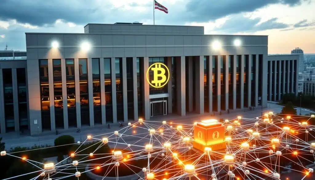 Imposing steel-and-glass government building, its facade adorned with a prominent blockchain icon. Halogen spotlights illuminate the structure, casting sharp shadows that convey a sense of security and authority. In the foreground, an intricate network of blockchain nodes, each representing a secure digital ledger for government records. Flowing data streams connect these nodes, symbolizing the tamper-proof, distributed nature of the system. The background features a cityscape, hinting at the broader applications of this technology in public administration. An aura of technological sophistication and governmental reliability permeates the scene.