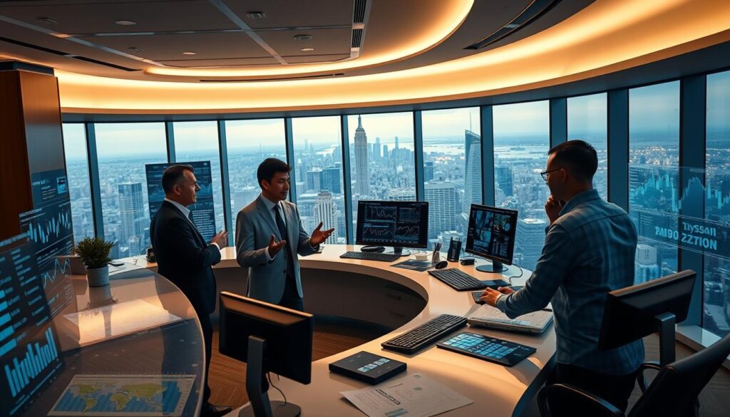 Institutional bitcoin predictions: a sleek, modern office setting, filled with holographic displays and data visualizations. In the foreground, a team of financial analysts pore over complex charts and graphs, gesturing animatedly. The middle ground features a large, curved desk with state-of-the-art computer equipment, while the background showcases sweeping city skyline views through floor-to-ceiling windows. Soft, indirect lighting casts a warm glow, creating an atmosphere of focused professionalism and technological innovation. The mood is one of confident, data-driven decision making, reflecting the institutional perspective on Bitcoin's market potential. Institutional bitcoin predictions: a sleek, modern office setting, filled with holographic displays and data visualizations. In the foreground, a team of financial analysts pore over complex charts and graphs, gesturing animatedly. The middle ground features a large, curved desk with state-of-the-art computer equipment, while the background showcases sweeping city skyline views through floor-to-ceiling windows. Soft, indirect lighting casts a warm glow, creating an atmosphere of focused professionalism and technological innovation. The mood is one of confident, data-driven decision making, reflecting the institutional perspective on Bitcoin's market potential.