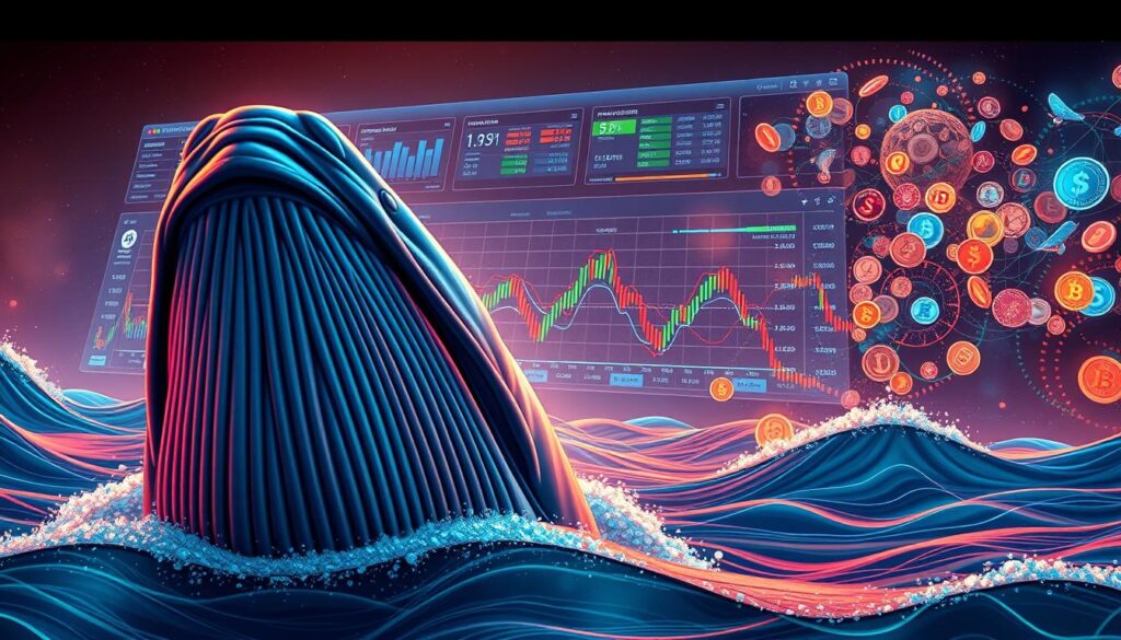 Interpreting crypto whale movements, a detailed digital illustration depicts the dynamic ocean of cryptocurrency trading. In the foreground, a massive whale figurehead emerges, its features chiseled with precision, symbolizing the immense influence of large-scale investors. The middle ground showcases a vibrant, neon-lit trading dashboard, with real-time data visualizations reflecting the ebb and flow of market trends. In the background, a kaleidoscope of digital currencies swirls, representing the ever-evolving crypto landscape. The scene is illuminated by a warm, cinematic lighting, casting a sense of intrigue and anticipation. Rendered with a cinematic, hyper-realistic style, this image captures the essence of deciphering the complex movements of crypto whales and their impact on the market.