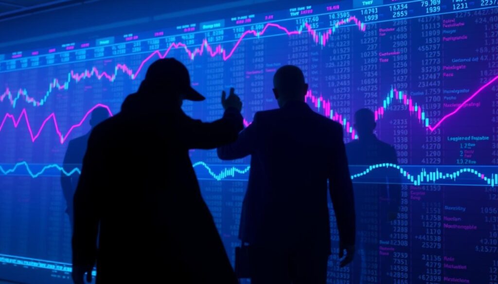 Intricate patterns of buy and sell orders dance across a glowing digital ledger, masking the sinister underbelly of crypto market manipulation. In the foreground, shadowy figures manipulate the order book, executing rapid-fire buy and sell orders to create the illusion of liquidity and trading activity. Hues of neon blue and purple cast an ominous glow, while the background is shrouded in a haze of indistinct data streams and algorithmic noise. The scene evokes a sense of unease, highlighting the sophisticated tactics used to subvert the integrity of the crypto markets.