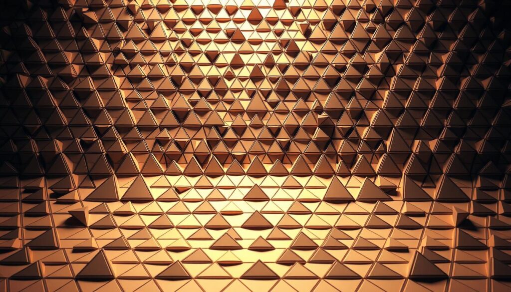 Intricate triangular patterns cascade across the canvas, forming a mesmerizing geometric composition. The foreground features a dynamic array of isosceles, equilateral, and right-angled triangles in a variety of sizes, arranged in a harmonious, symmetrical layout. The middle ground presents a mixture of ascending, descending, and symmetrical triangle formations, their lines sharp and well-defined, casting subtle shadows that add depth and dimensionality. The background bathes the scene in a warm, soft lighting, creating an inviting, almost meditative atmosphere that amplifies the mathematical elegance of the triangle motifs. Crisp, high-resolution rendering with a shallow depth of field further enhances the visual interest and technical precision of this captivating image.