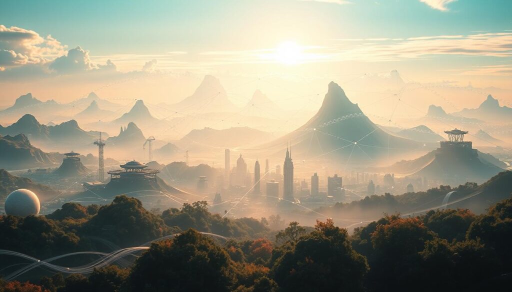 Macro Trends of the NFT Ecosystem: A Visionary Landscape A sweeping panorama of the dynamic NFT landscape, bathed in a soft, ethereal glow. In the foreground, a fluid array of digital art, collectibles, and virtual assets, each with a distinct allure. The middle ground depicts a network of interconnected nodes, representing the diverse platforms, communities, and innovations that comprise the NFT ecosystem. In the distant background, a towering wave of technological advancements and emerging trends, casting a visionary shadow over the entire scene. The composition conveys a sense of growth, innovation, and the boundless potential of non-fungible tokens, captivating the viewer with its depth and complexity.