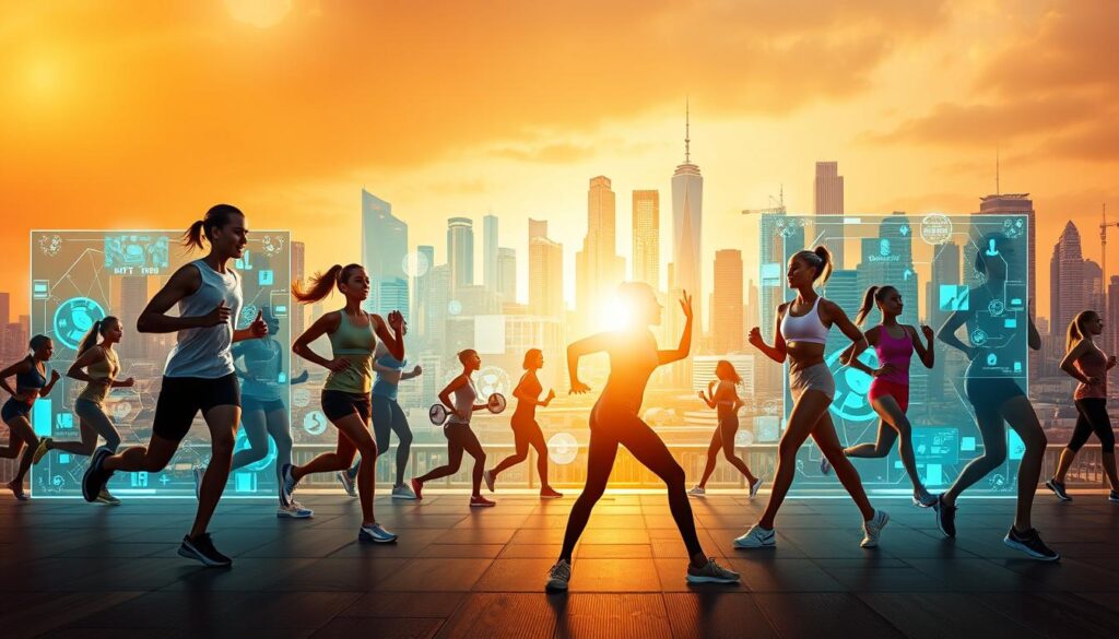 Opportunities challenges nft fitness landscape A vibrant, dynamic scene depicting the opportunities and challenges in the emerging NFT fitness landscape. In the foreground, a group of diverse individuals engage in various fitness activities - running, weightlifting, yoga - against a backdrop of futuristic, holographic NFT displays. The middle ground features a mix of cutting-edge fitness tech and blockchain-enabled platforms, symbolizing the innovative intersection of fitness and Web3. The background showcases a cityscape with towering skyscrapers, hinting at the scale and potential of this evolving ecosystem. Warm, golden lighting bathes the scene, creating an atmosphere of excitement and possibility. The composition highlights the convergence of physical and digital realms, inviting the viewer to explore the vast potential of this transformative fitness frontier.